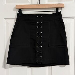 EXPRESS Mini Skirt Womens 00 Black Lace Up XXS Skater Whimsigoth Dark Romantic